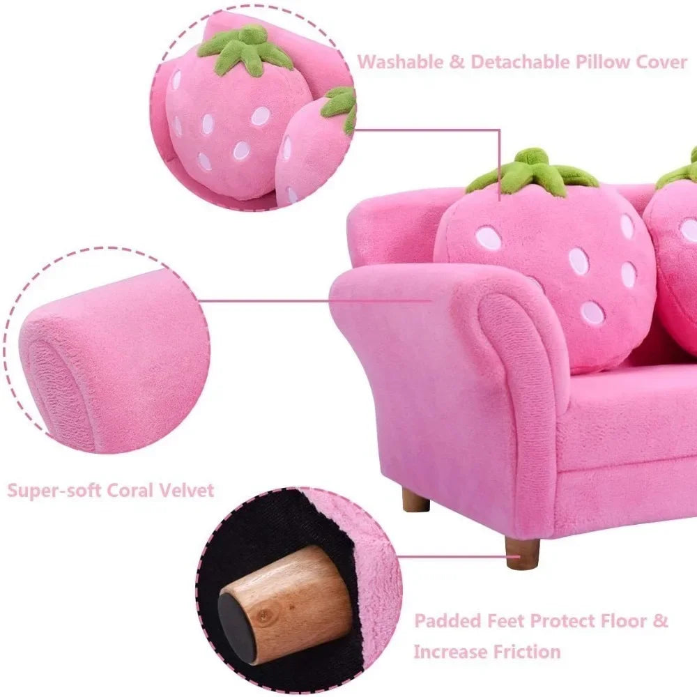 Double Seat Sofa w/2 Strawberry Pillows, children Sofas Chair for Bedroom Living Room Large Soft Loveseat, Living Room Sofa