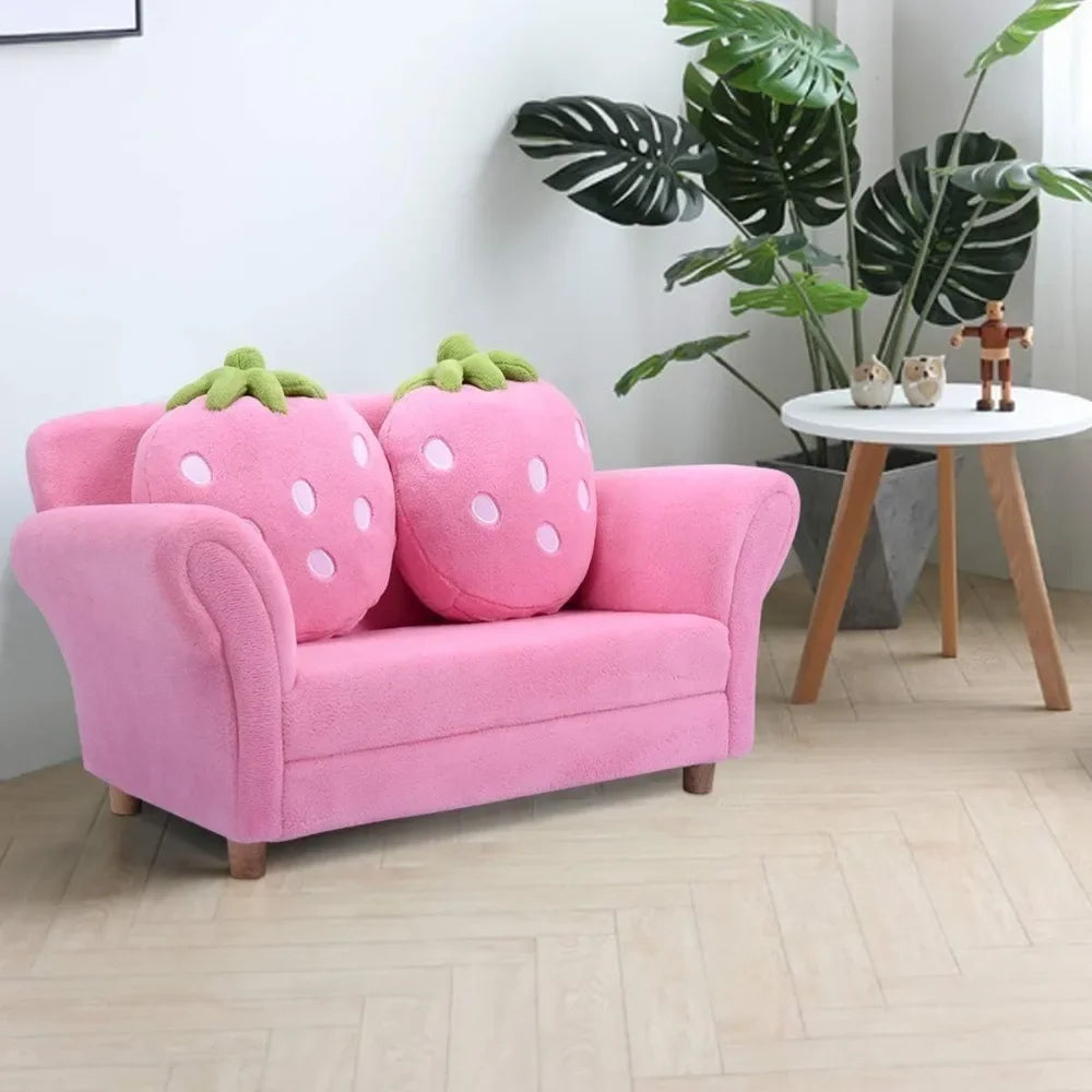Double Seat Sofa w/2 Strawberry Pillows, children Sofas Chair for Bedroom Living Room Large Soft Loveseat, Living Room Sofa